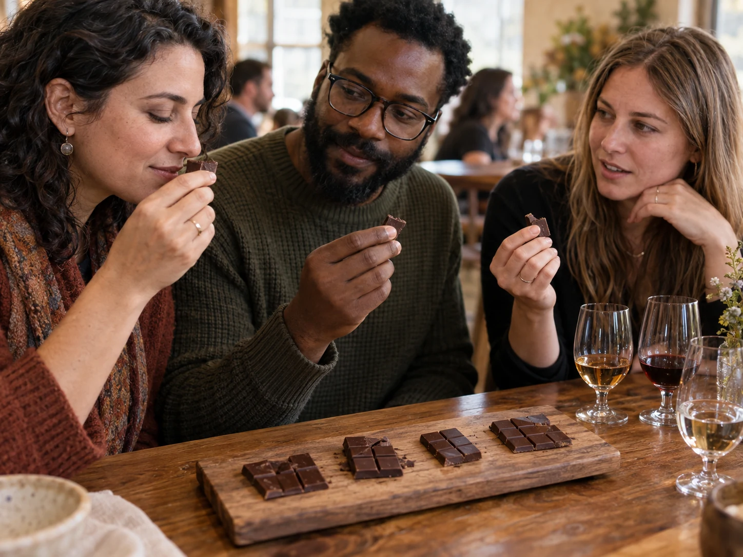 Guests comparing plain chocolate bar samples and sharing their impressions