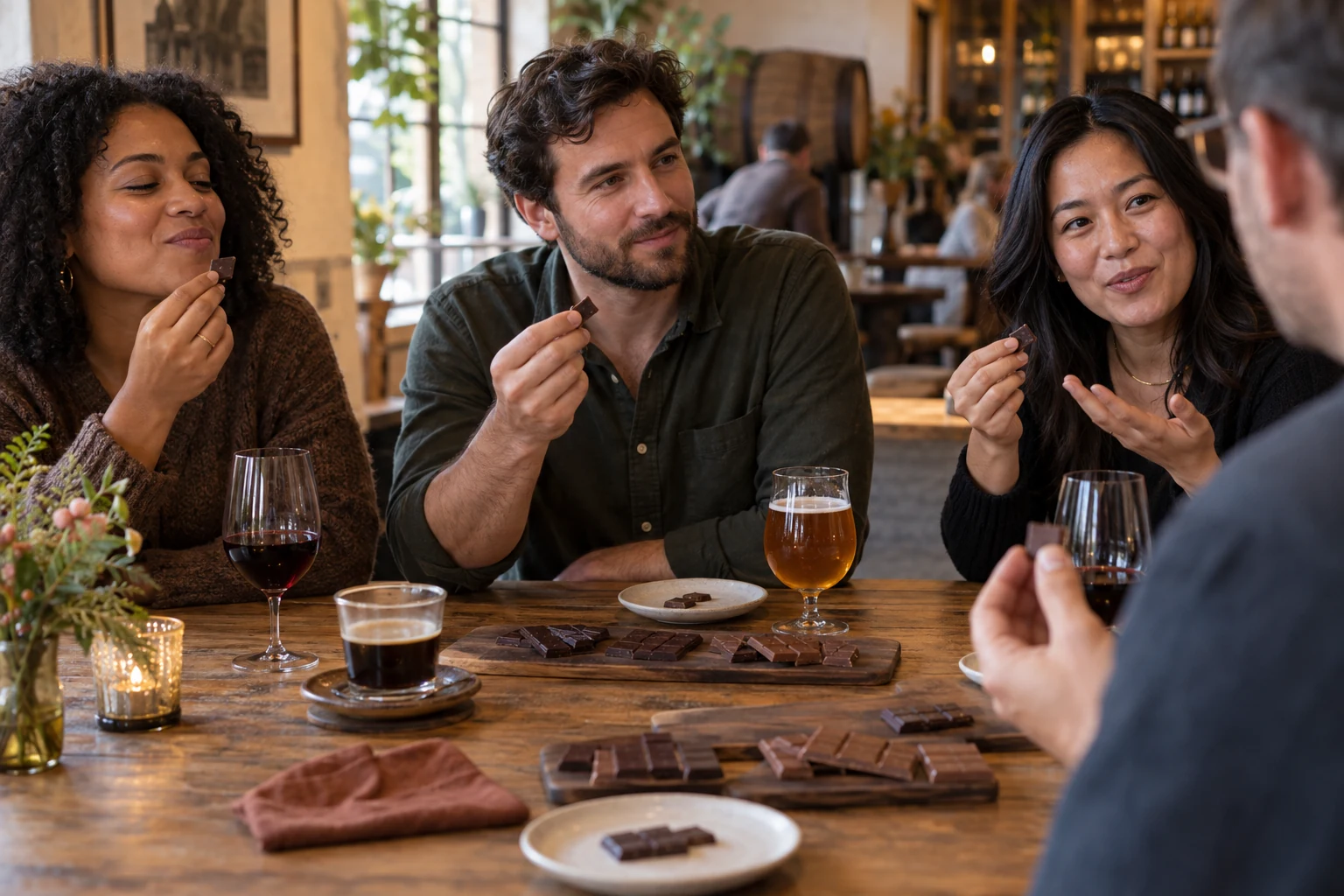 Guests tasting plain chocolate bar pieces together with coffee, beer, and wine